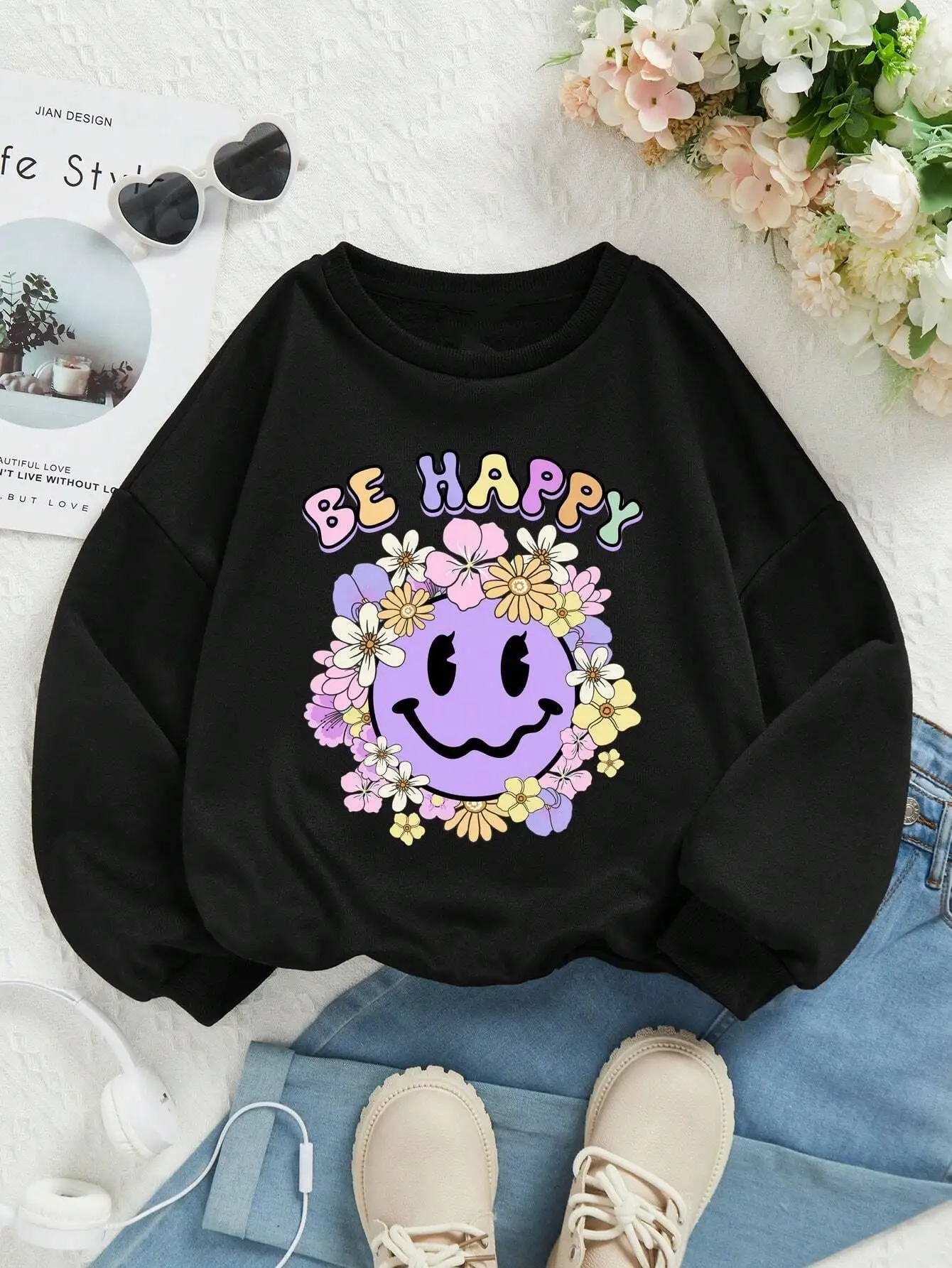 Be Happy Face Cartoons Print Hoody Women Harajuku Soft Loose Sweatshirt Fashion Warm Fleece Casual All-Match Sportswear