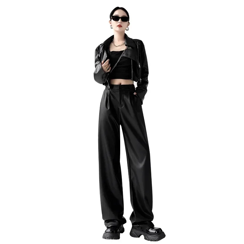 Straight Leather Pants Women High Waist PU Leather Trousers Baggy Black Female Streetwear Clothing New Fashion Ladies Korean Y2k