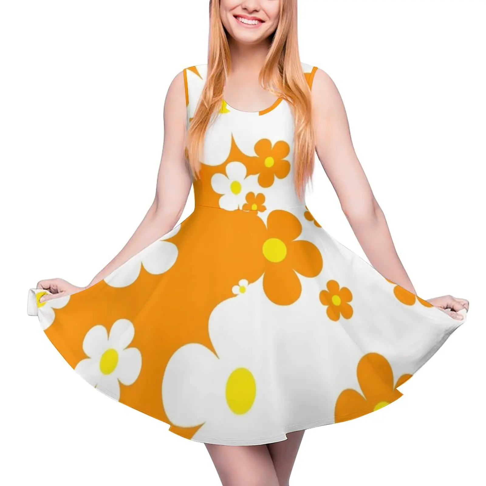 

60"s Retro Pop Small Flowers in Orange and White Sleeveless Dress Long dress woman Beachwear