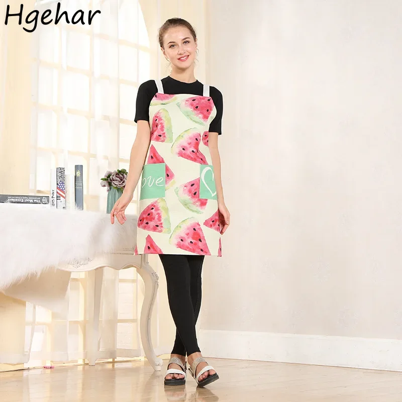 Sleeveless Aprons Kitchen Watermelon Letter Printing Housework Daily Accessories Pockets Tender Waterproof Oilproof Cleaning