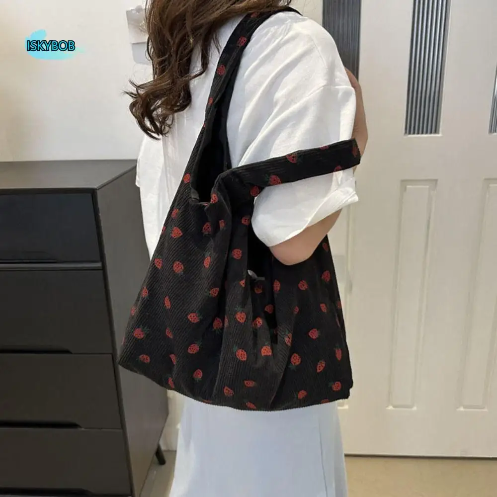 

Large Capacity Strawberry Tote Bag Printing Square Shape Women Shoulder Bag Korean Style Harajuku Corduroy Handbag Streetwear