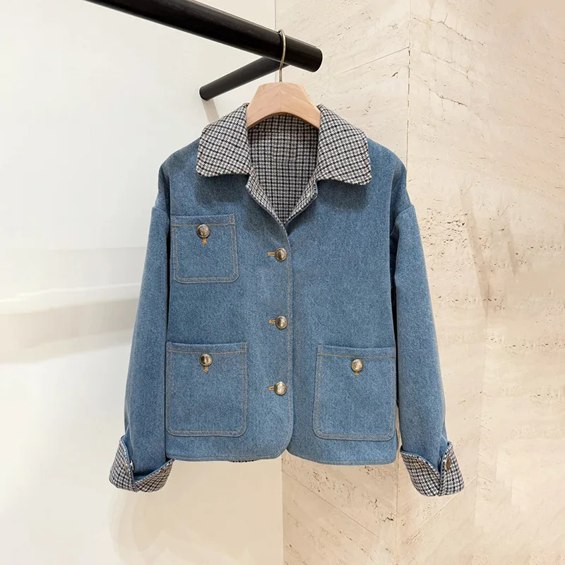 

2025 Autumn Winter Lapel Roll Up Sleeves Multi Pocket Denim Jacket Cotton jackets