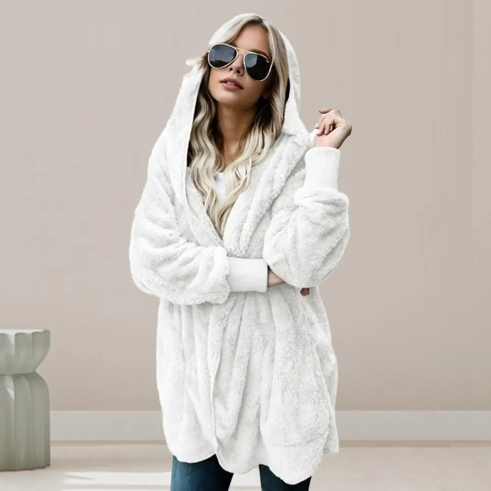 Women Winter Jacket Double-sided Wear Thick Fleece Hooded Pockets Mid Length Solid Color Warm Casual Daily Wear Long Coat