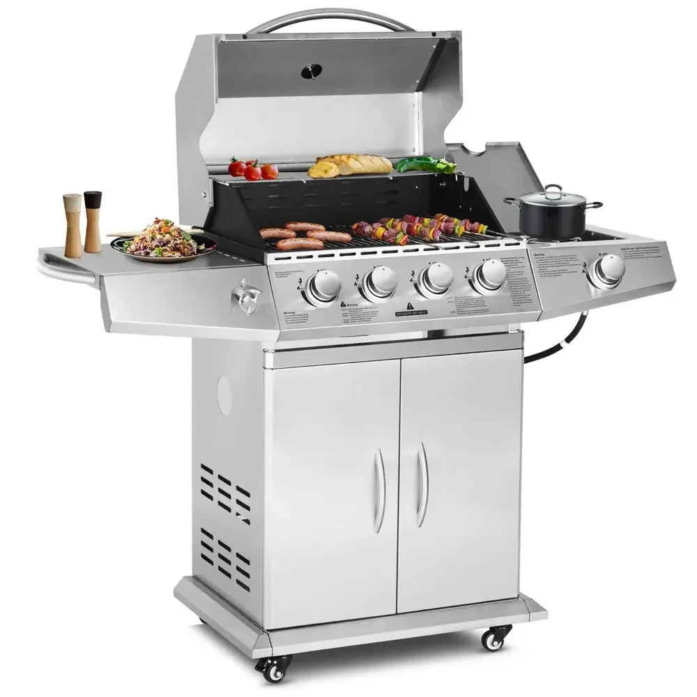 

Propane Gas Grill 4 Burners Stainless Steel Grill Cart Outdoor Cooking BBQ 4+1