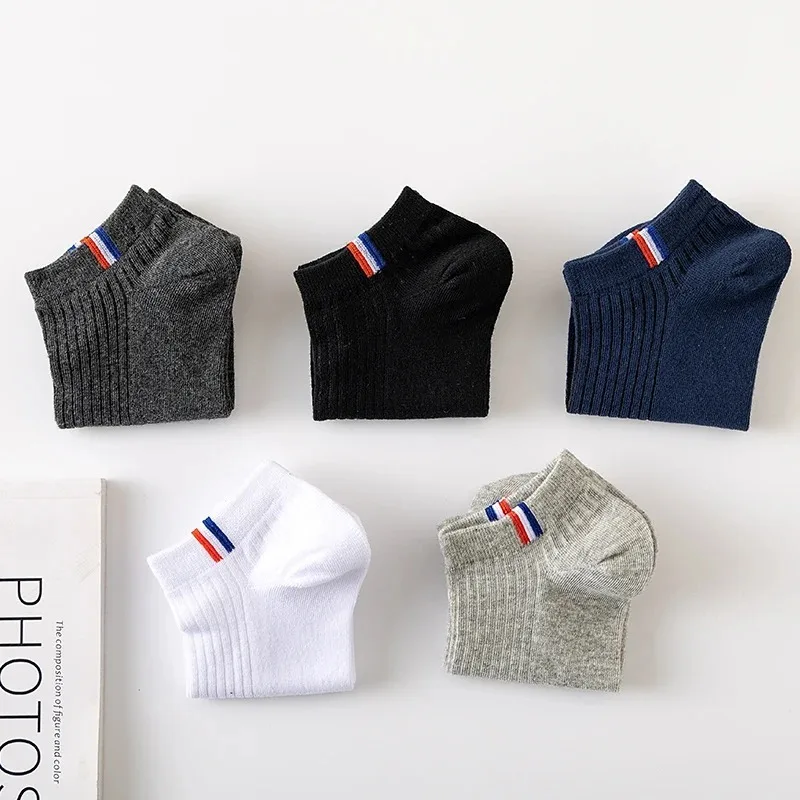 얇은 여름용 블렌딩 보트 양말 5켤레, 단색 남성 캐주얼 양말, 통기성 땀 흡수 보정 양말