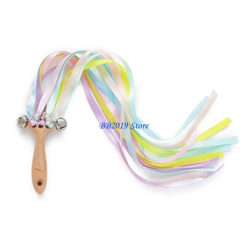 Q0KB Wooden Printed Ribbon Rattle Hand Kite Baby Develop Hearing Recognition Sensory Shower Birthday Gift