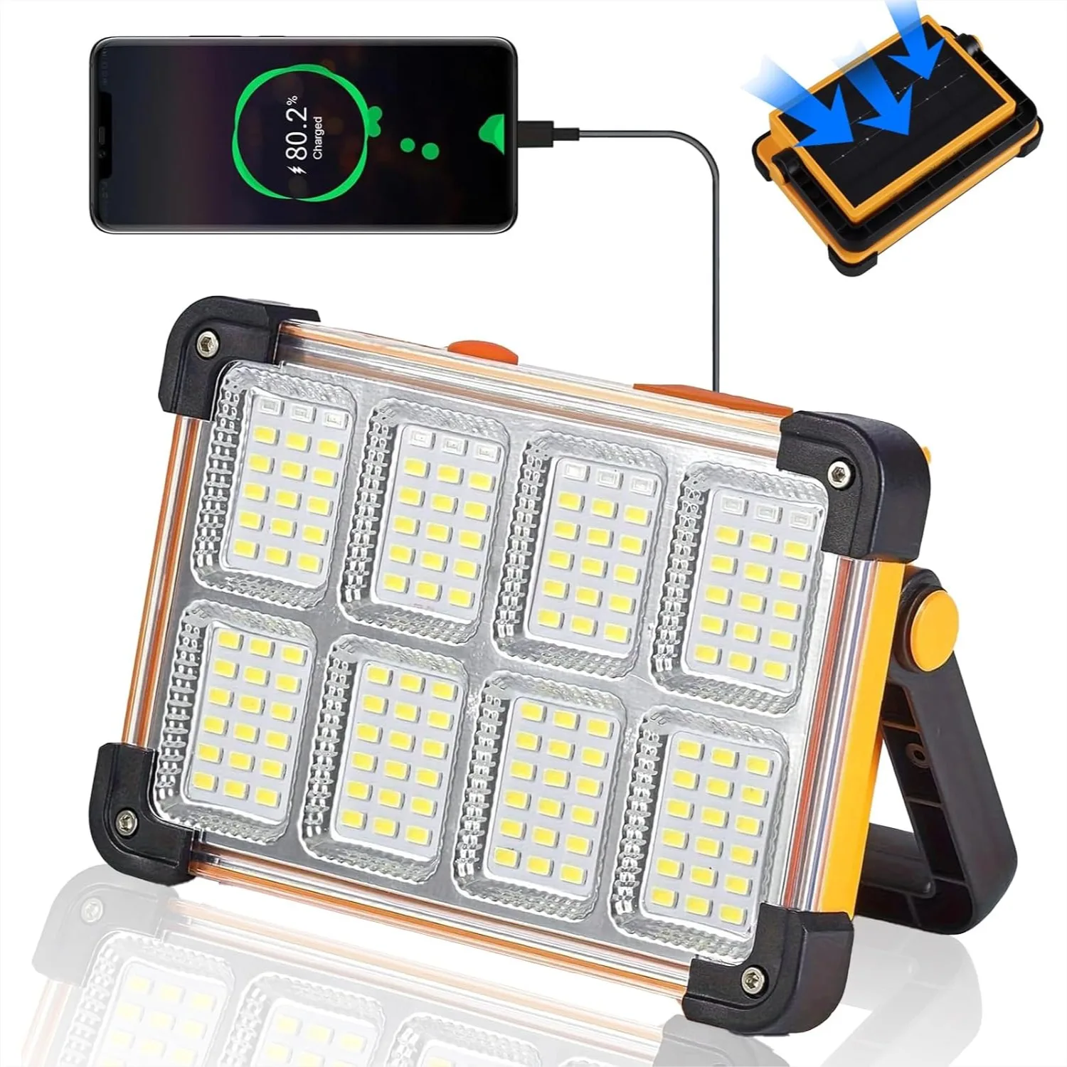 

120W Solar Rechargeable Work Light, 144 LED 10000LM Portable Flood Light with Stand for Job Site Camping Car Repair