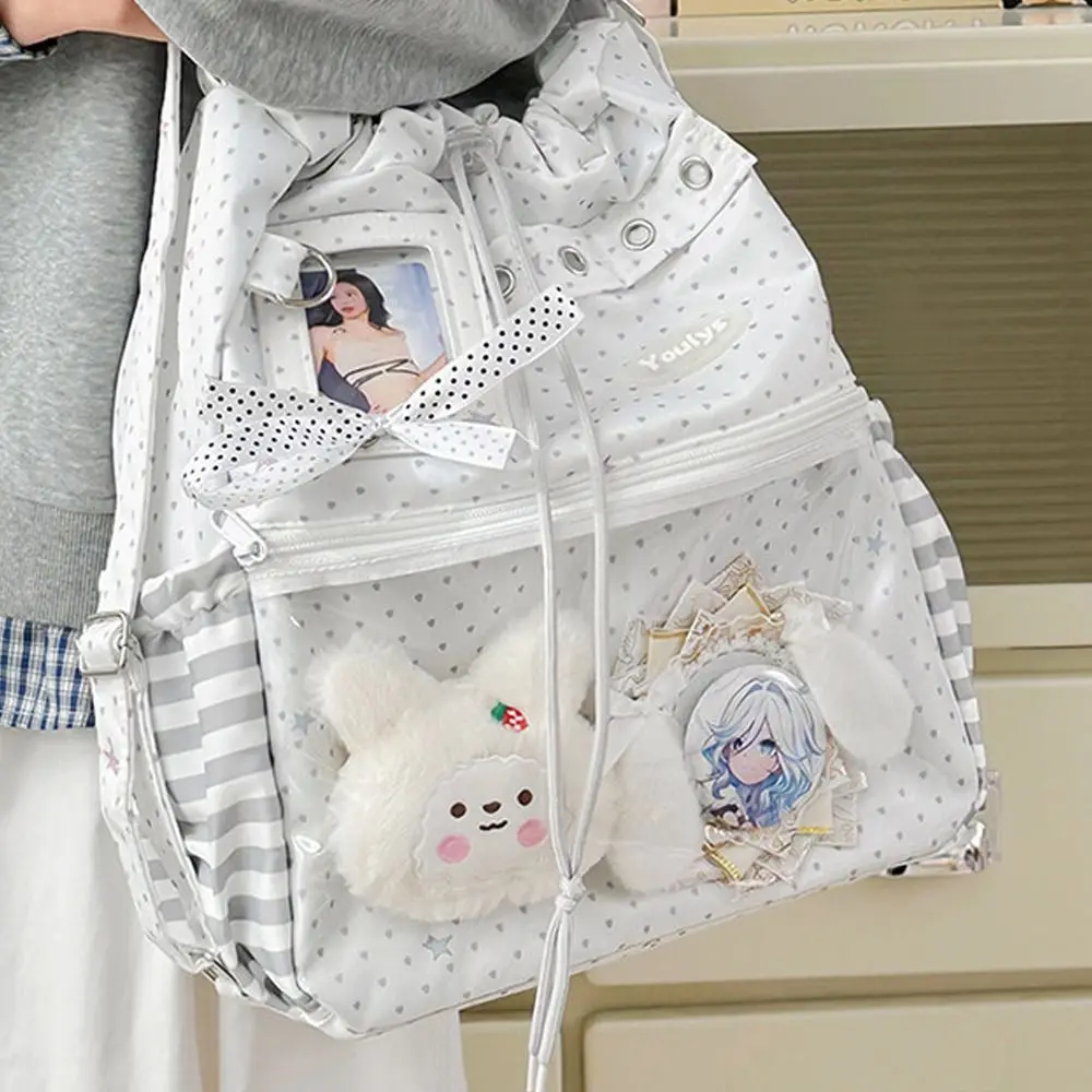 Polka Dot Pattern Ita Backpack Clear Pocket Sweet Style Tote Bags Large Capacity Drawstring Multi-functional Bag School Use