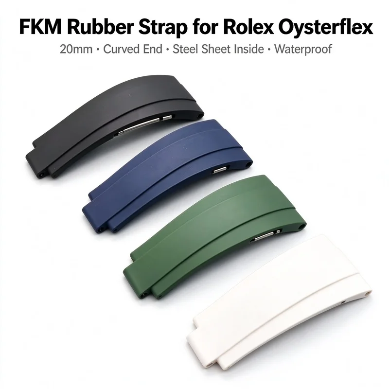 Curved End FKM Rubber Strap 20mm Steel Sheet Inside for Rolex Submariner Oysterflex Yacht Master Datejust Replacement Watch Band