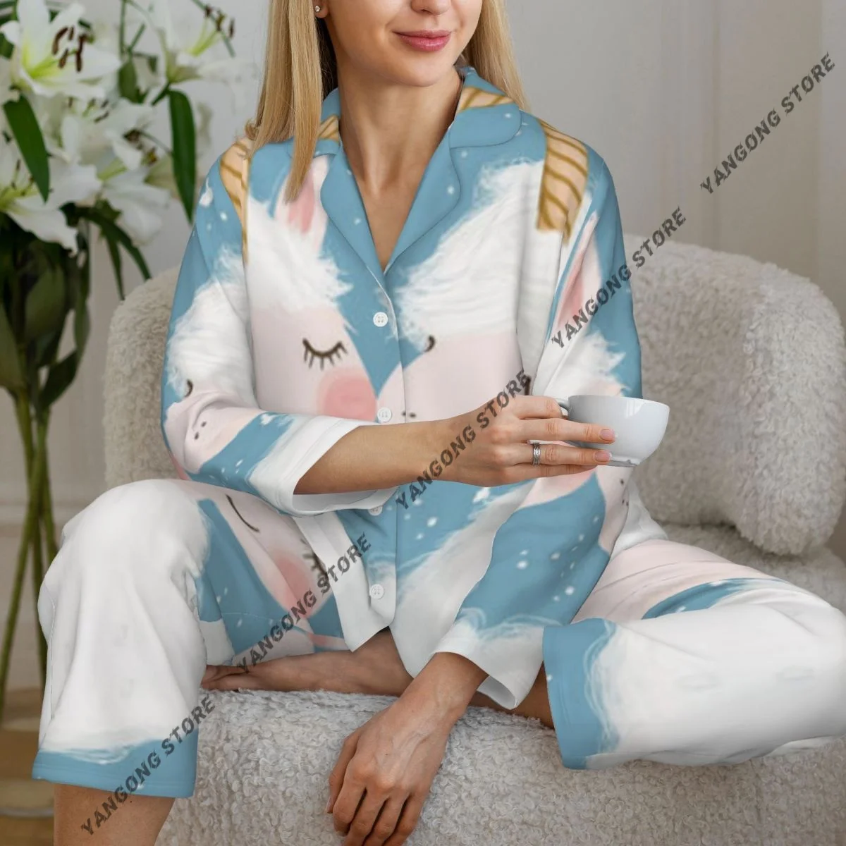 Women Sleepwear Pajamas Cute Unicorn Long Sleeve Pijama Female Set Negligee Cardigan Suit