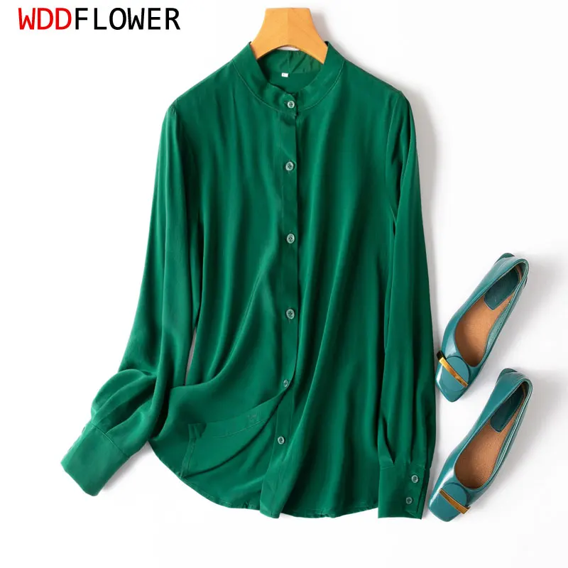 Women Silk Shirt 100% Mulberry Silk Green Solid Color Buttons Down Long Sleeve Fashion Top Blouse Office Work M L XL MM717