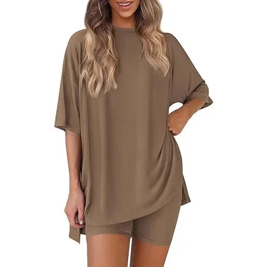 

Новые женские повседневные свободные шорты с круглым вырезом и разрезом, комплект домашней одежды с короткими рукавами