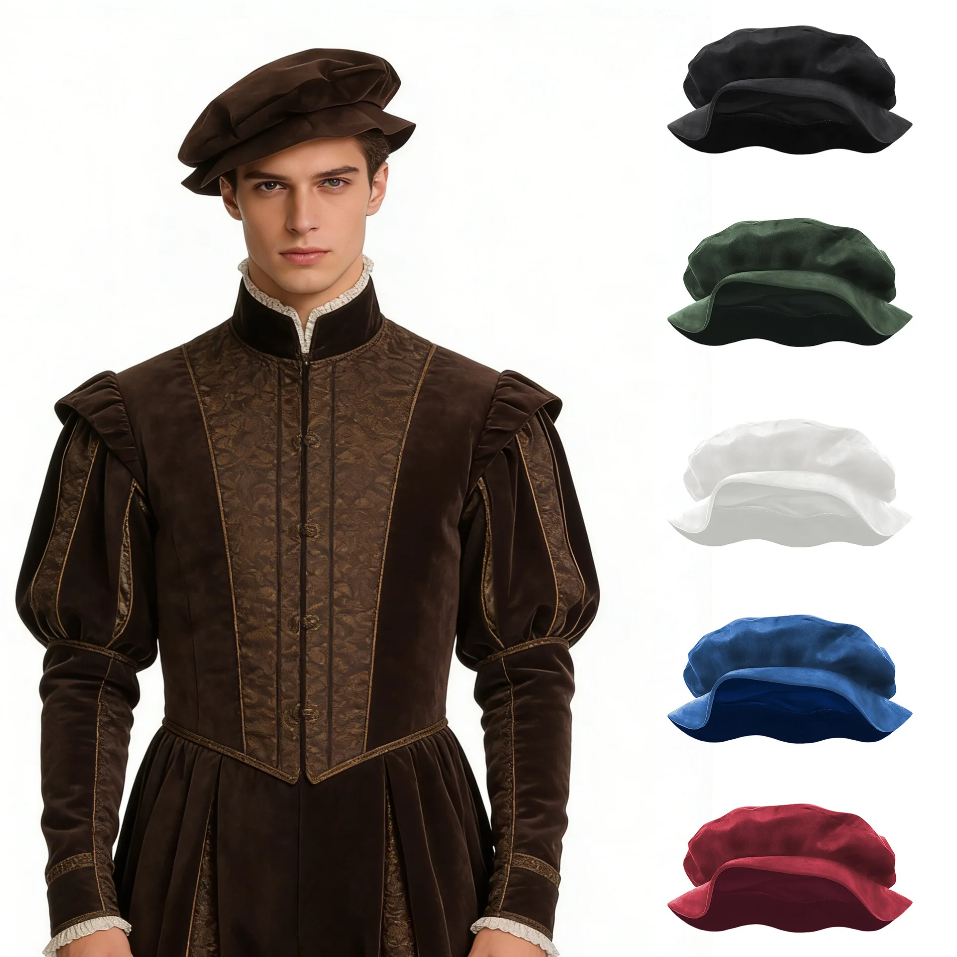 chapeu-tudor-medieval-de-camurca-com-pena-bone-plano-renascentista-para-acessorios-de-traje-masculino-de-ministrador-elizabethano