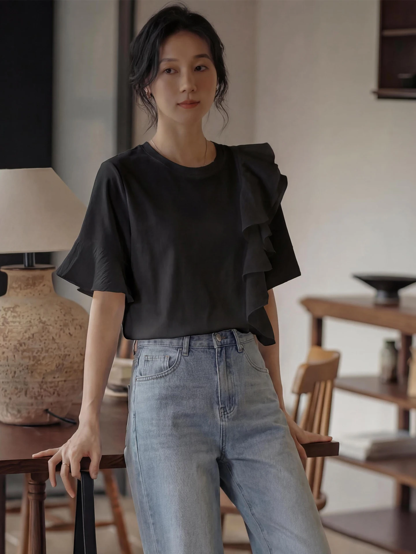 

Loose round Neck T-Shirt Women's Summer Design Sense Small Audience Top Asymmetrical Splicing Breathable Cotton Short Sleeve