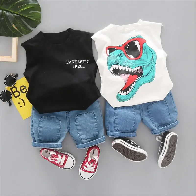 New Summer Children Boys Girls Baby Fashion Infant Dinosaur Clothing Kids Cotton Cartoon Vest Shorts 2pcs/Set Suit 0-4 Years