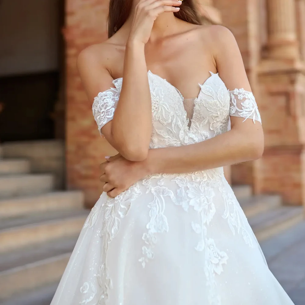 オフショルダーノースリーブウェディングドレスアップリケレースAラインブライダル成長カスタマイズオープンバックイリュージョンVestidosデノビア2025