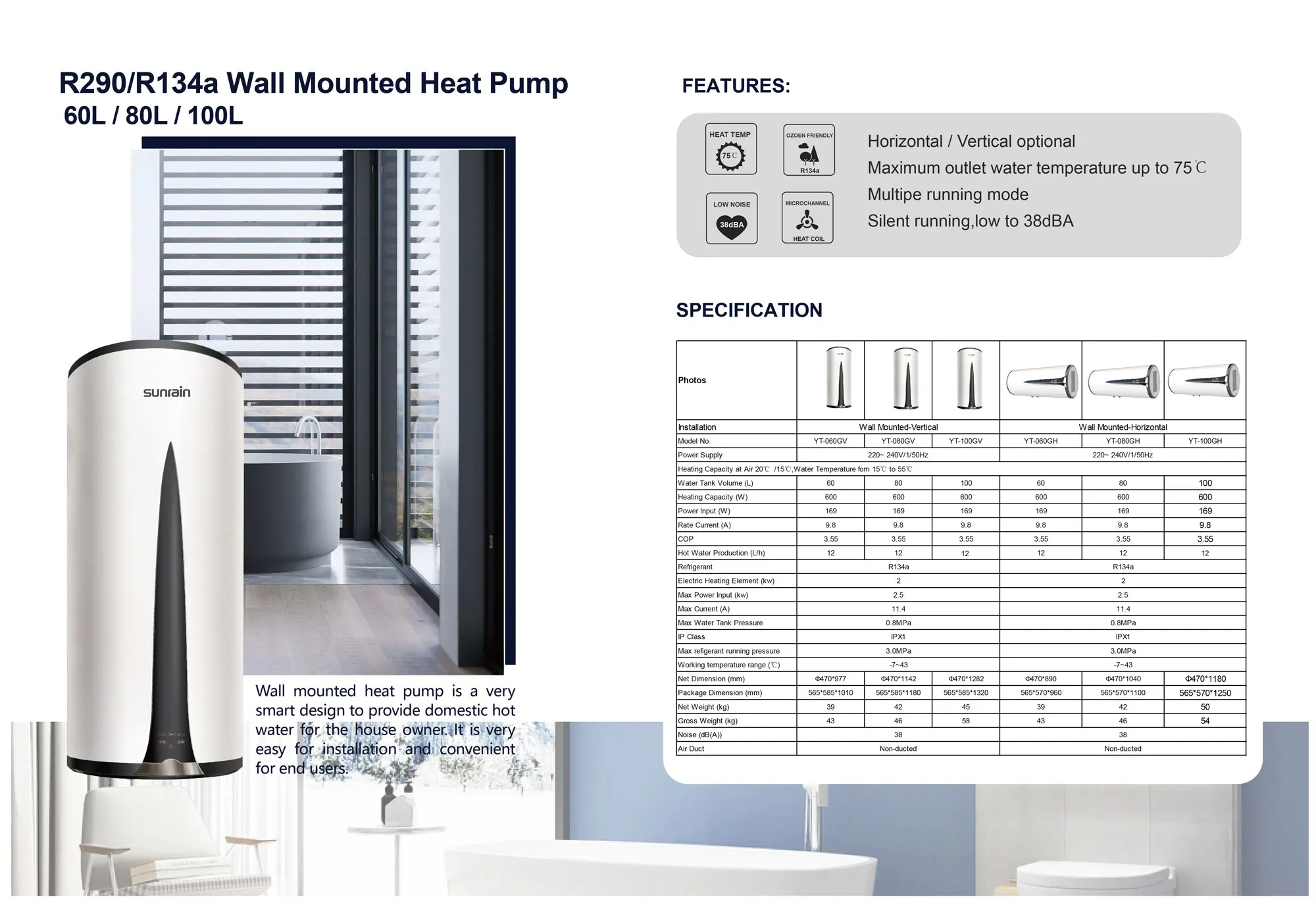 Scaldabagno con pompa di calore a sorgente d'aria montata a parete Sunrain 80L WIFI