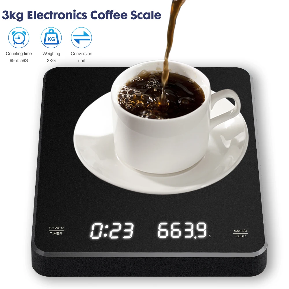 3kg/0.1g LCD Display Digital Coffee Scales 250mAh Oz/ml/g Electronic Balance Scale With Timing High Accuracy Heat Resistance