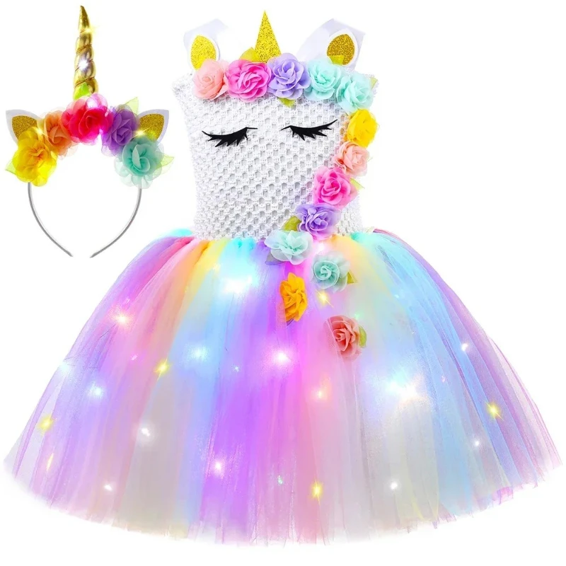 Girls Unicorn Princess Dress LED Light Up Birthday Party Kids Party Dresses for Girls Flowers Tutu Dress Halloween Costume Set