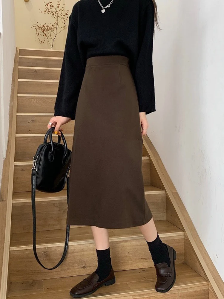 High Waist A-Line  Skirt for Women Spring Autumn Wool Blend Slimming Split Bla Hip Covering Skirts Korean Sle Commute