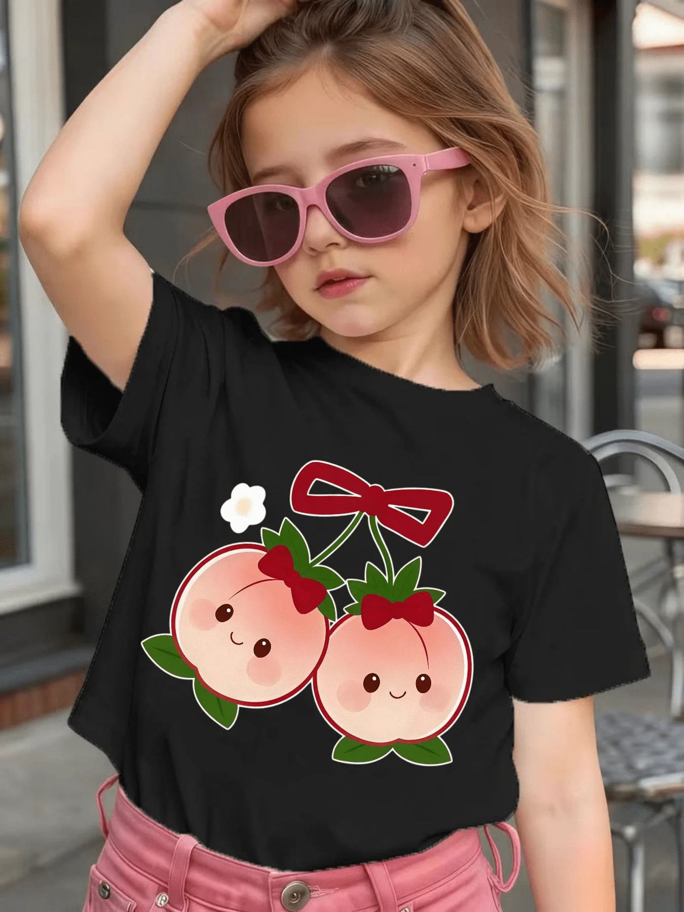 Cute Peach With Bow Cartoon Graphic Kids Tee Boys Girls Family Matching Cotton Crew Neck Short Sleeve Soft Casual Summer Tee