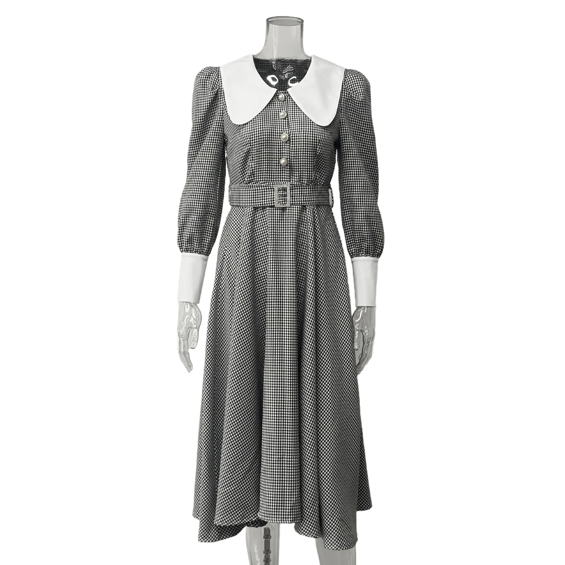 فستان أنيق ذو طية صدر السترة على الطراز الفرنسي ذو طية صدر السترة من الدانتيل منقوش أنيق بصدر واحد وأكمام منتفخة مع حزام خصر