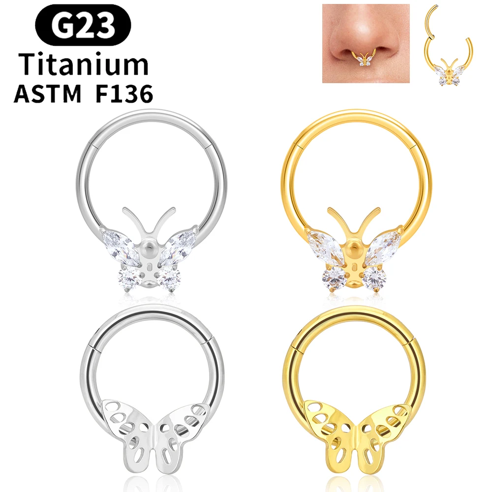 G23 Titanium Piercing Nose Septum Ring Hoops 16G Butterfly Inlaid Zircon Ear Tragus Cartilage Helix Round Earring Body Jewelry