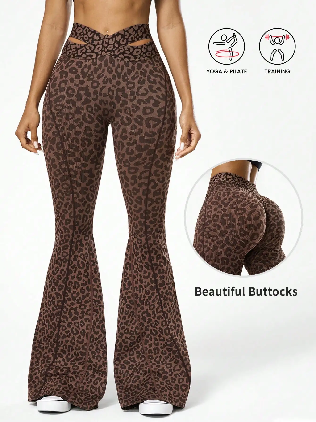 

Женские леггинсы с леопардовым принтом, расклешенные, с перекрестной талией, высокая талия, для йоги и тренировок