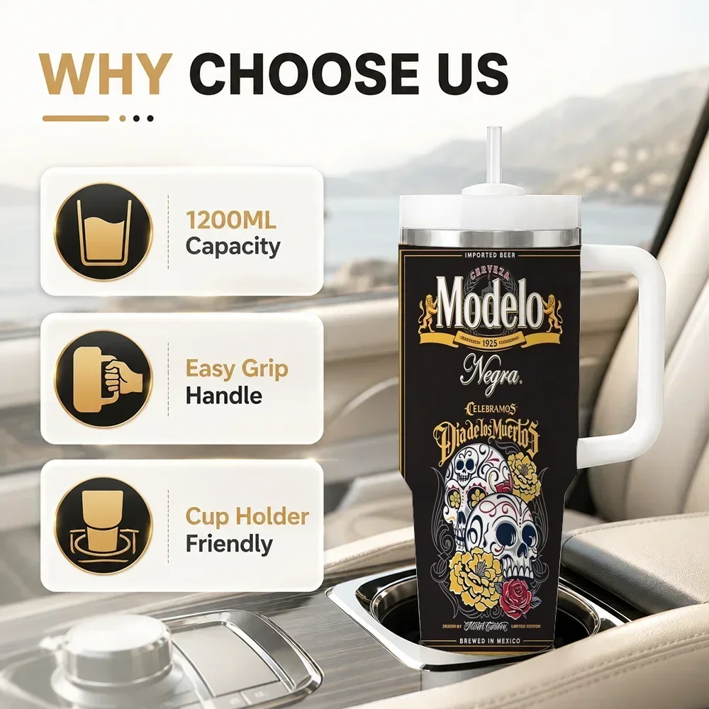 M-Modelo Negra Vacuum Flasks 40oz Leakproof Steel Tumbler w/ Lid Straw Handle Hot Cold Drinksorders for other colors will be shipped randomly in black or white