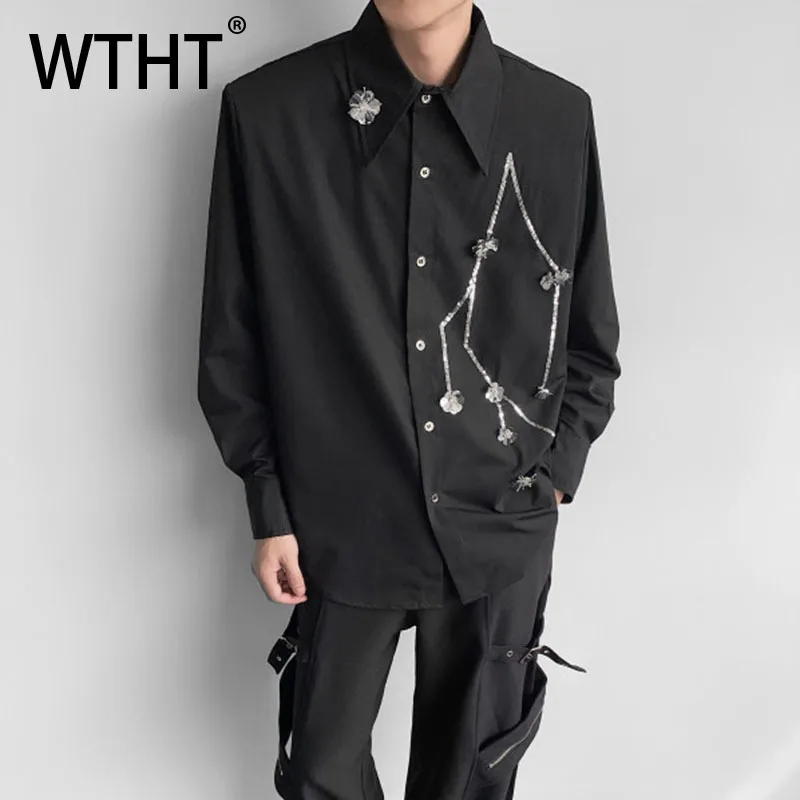 

WTHT Fashion Men's Spliced Sequins Flower Shoulder Pads Shirts Trendy 2025 Autumn Single-breasted Loose Tops Male 2A1786