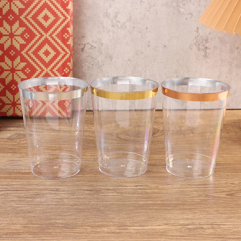 10pcs Transparent Plastic Rim Gold Rim Cup Golden Plastic Rim Cup 10oz Hard Disposable Cup Plastic Wine Party Wedding