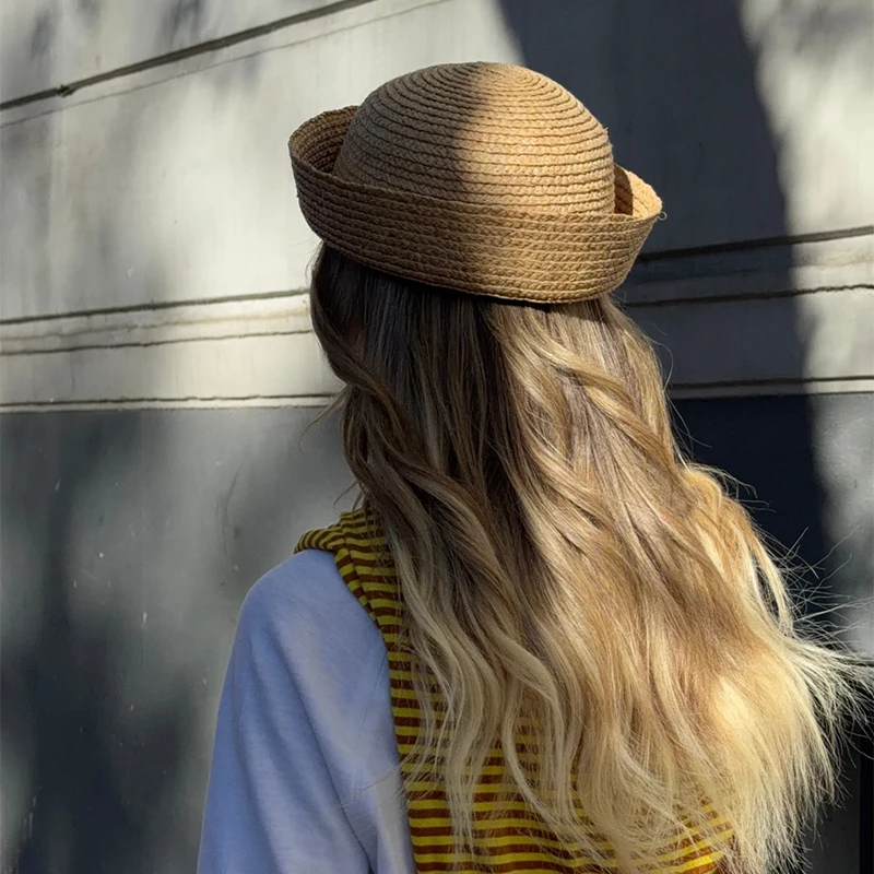 Summer 100% Raffia Sailor Hat Ins Blogger Pillbox Hat Vintage Beach Casual Sun Hats Wedding Party Berets Straw Charming Fedoras