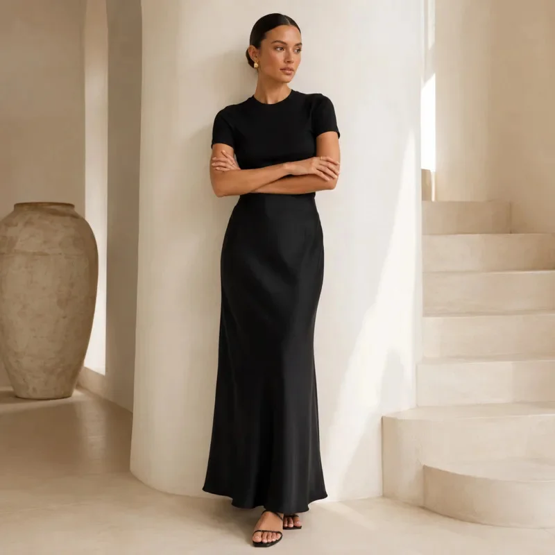 Women's Satin Maxi Skirt Black High Waist Mermaid Long Skirt Slim Fit Silk Feel Summer Elegant Party Evening Vacation New Outfit