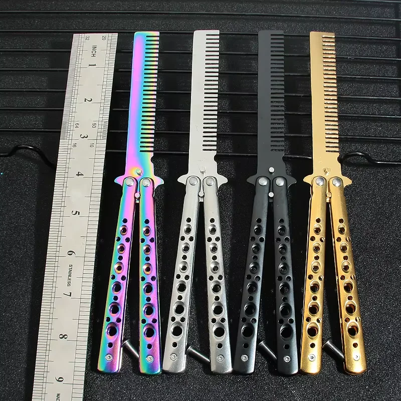 Foldable Comb Stainless Steel Practice Training Butterfly Knife Comb Beard Moustache Brushe Salon Hairdressing Hair Styling Tool