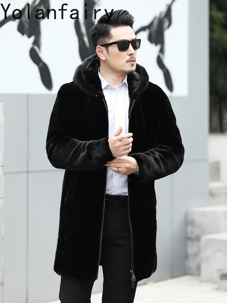 YOLANFAIRY Genuine Mink Natural Fur Coat Man Luxury 2025 Winter Hooded Mid-length Real Fur Coats Mink Jacket Chaqueta Hombre