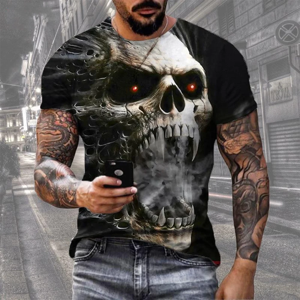 2025-2026 Summer Fashion Retro Skull 3D Printed T-shirt Hip Hop Personality Super Cool Horror Casual T-shirt #3