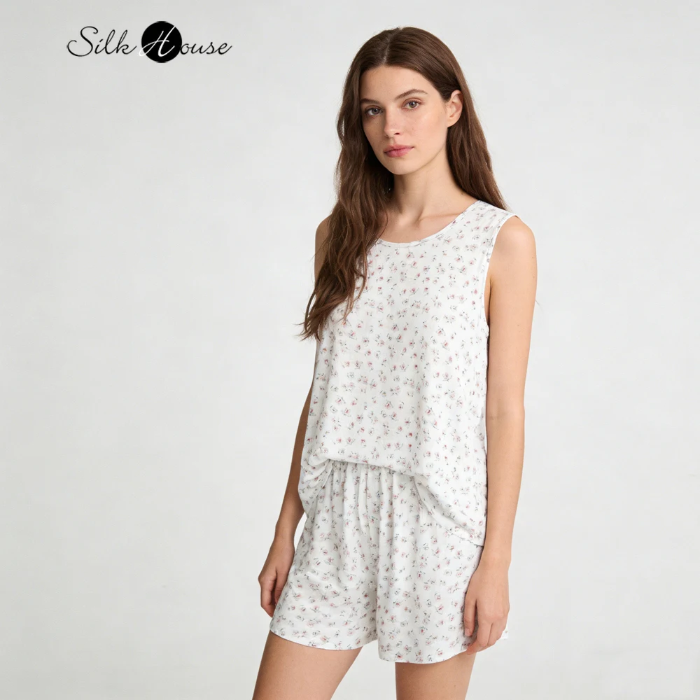 

Женский повседневный летний новый комплект из 100% натурального шелка креп-де-шин: майка с круглым вырезом и шорты с принтом, приятные к коже