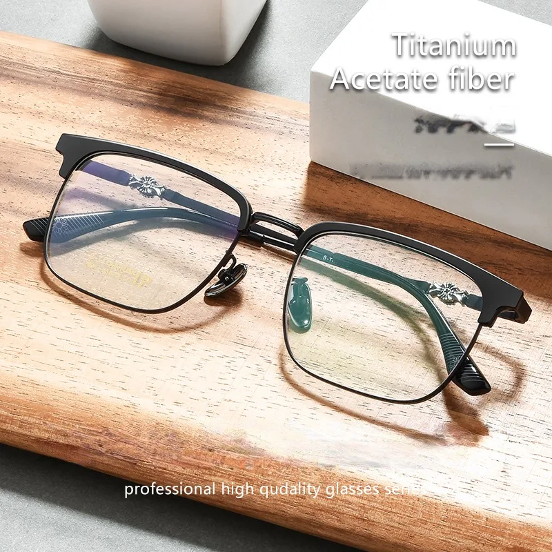 New Fashion Mens Eyebrow Frame Glasses Chrome Style Vintage Hawksbill Square Pure Titanium Optical Business Eyeglasses 22217T