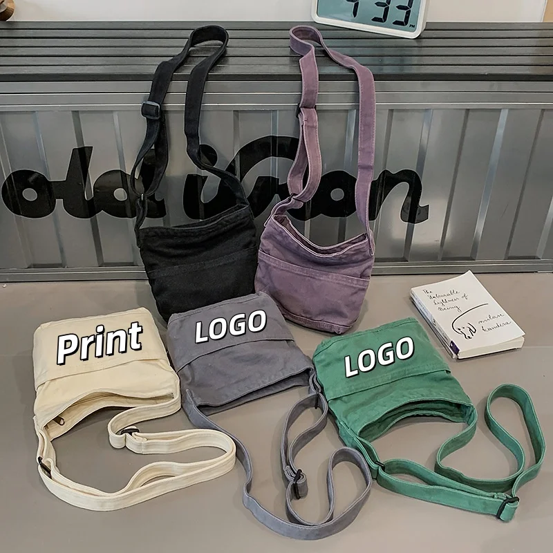 Custom Logo Washed Canvas Student Crossbody Bag Multi-Color Casual Shoulder Tote Bag Adjustable Strap Sling Bags School Commute