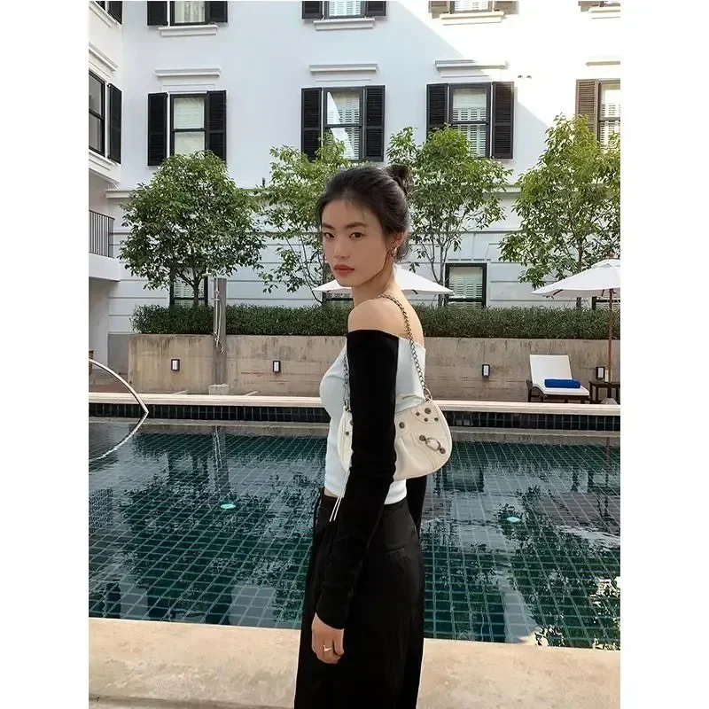 Baumwolle Shirts für Frauen Sexy Y2k T-shirts Slash Neck Langarm Crop Tops Kontrast Farbe Mode Casual T-shirt 2023 Ropa Mujer
