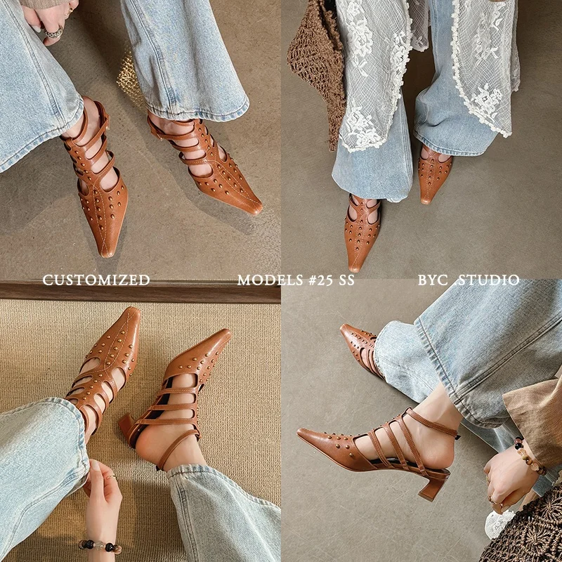 2026 new summer women sandals natural leather 22-25cm sheepskin+pigskin t-strap metal rivet ankle-buckle high heel women shoes