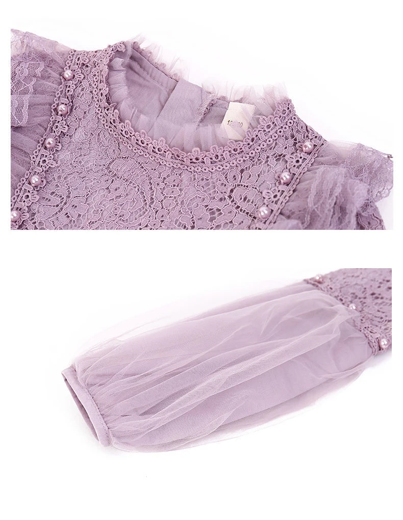 Frühling Herbst Kinder Mädchen Kleider Laterne Hülse Spitze Prinzessin Kleid Perle Süße Oansatz Mesh Party kinder Kleidung Vestidos – Detail 13