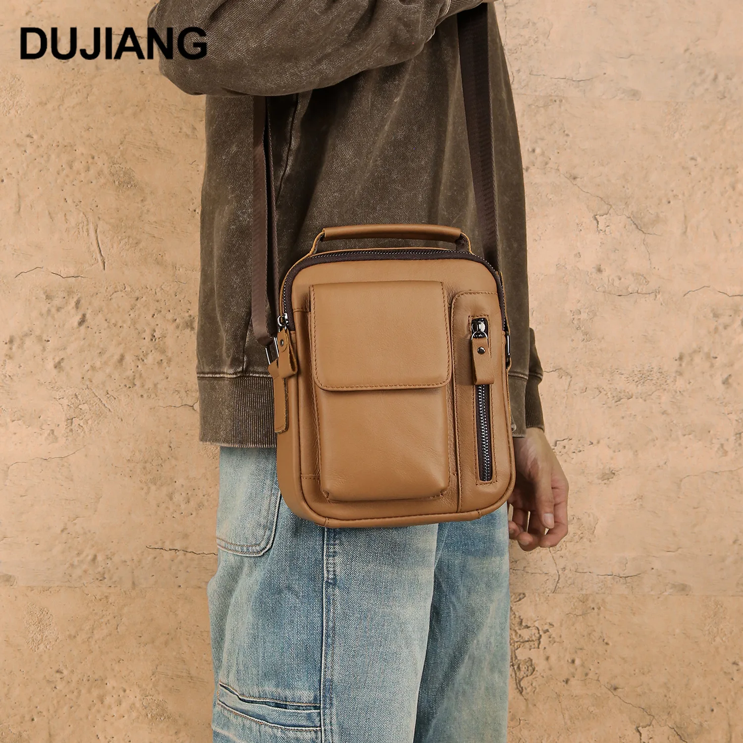 Men's genuine leather square crossbody bag, casual commuting vertical single-shoulder bag, multi-functional hand-held men's bag