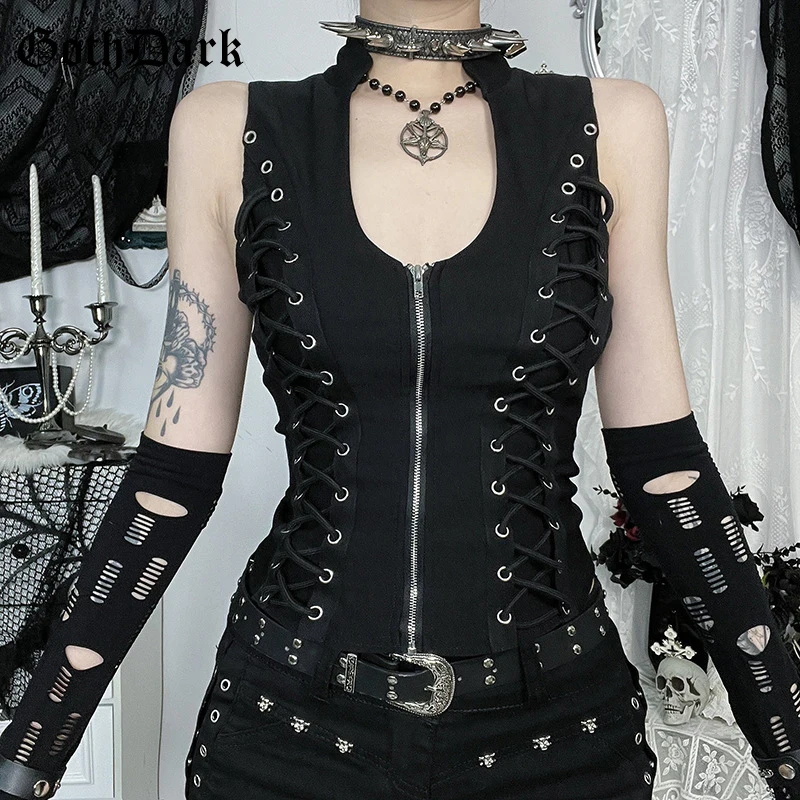 Goth Dark Punk Sleeveless Corn Bandage Tanks Top Women Chic Streetwear Slim Zip…