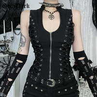 Goth Dark Punk Sleeveless Corn Bandage Tanks Top Women Chic Streetwear Slim Zip Vest Mall Gothic Techwear Summer Fashion T-shirt
