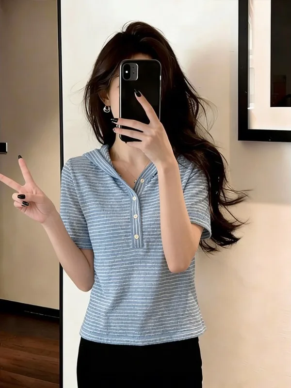 

Женская футболка больших размеров (до 300 фунтов) с полосками, коротким рукавом, капюшоном, свободного кроя, повседневная, летняя, дышащая, комфортная