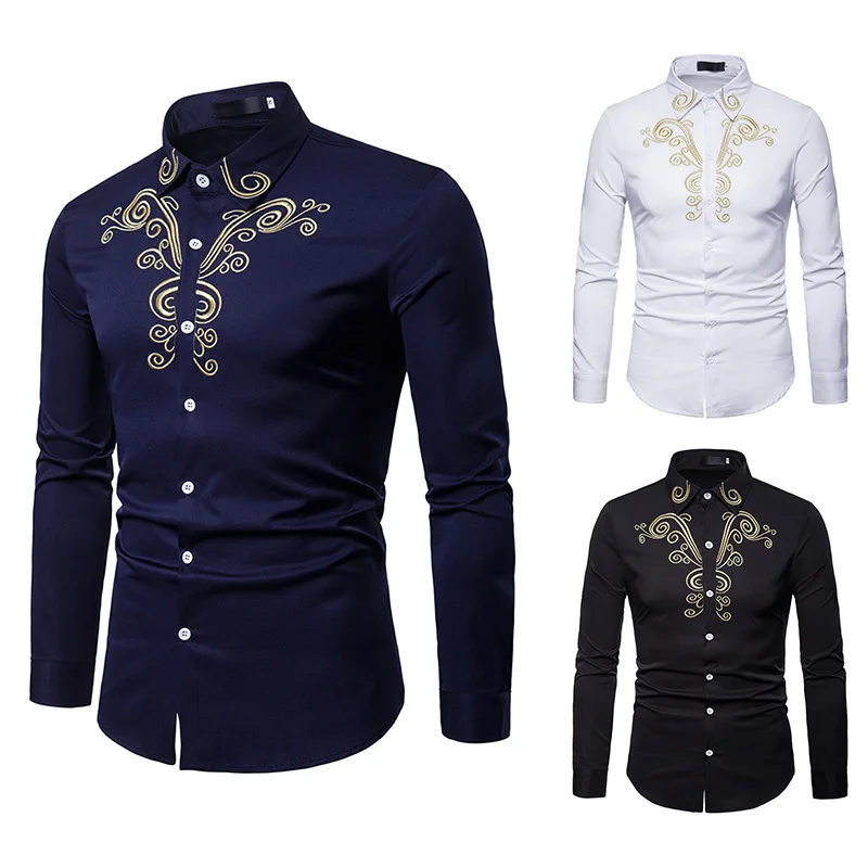 New Men's Shirt for Foreign Trade, Royal Palace Style Embroidered Collar, Oversized Long Sleeved Shirt