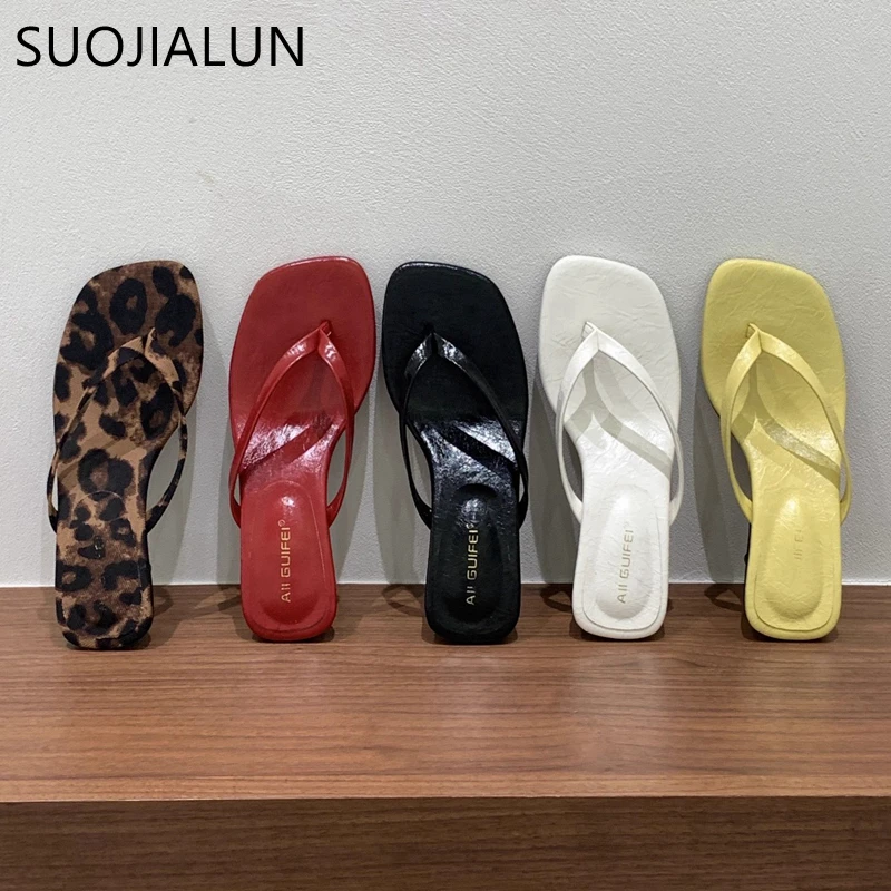 

SUOJIALUN 2025 Summer New Brand Women Slipper Fashion Narrow Band Slip On Flip Flop Shoes Square Med Heel Dress Slides Shoes