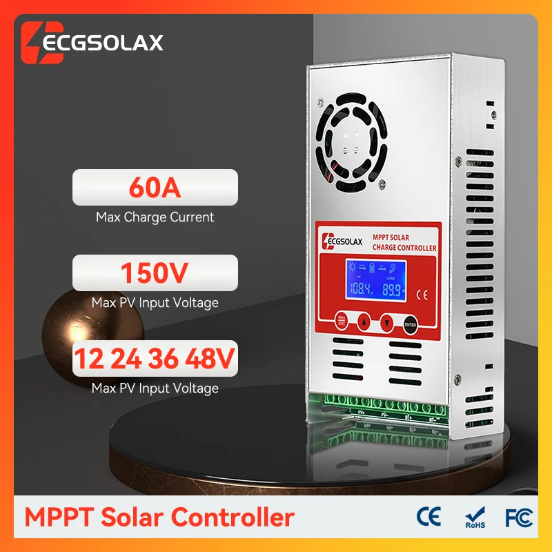 ECGSOLAX 60A MPPT Solar Charge Controller 12V 24V 36V 48V Auto Battery Charging Controller 60A Solar Controller LCD Max PV 150V