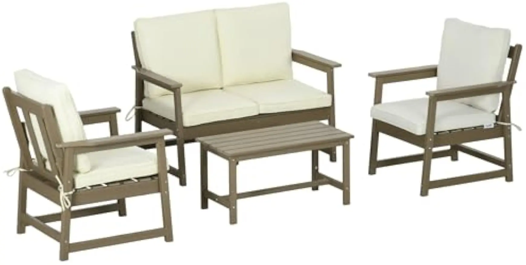 4 Piece Patio Furniture Set with Cushions, HDPE Conversation Sofa Set with Two Chairs, Loveseat, and Slatted Top Coffee Table